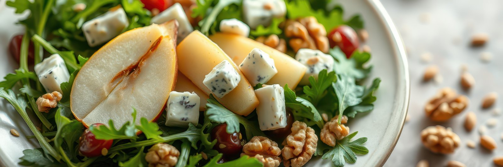 Fresh salad featuring greens, walnuts, pears, and cheese on a rustic table setting with natural lighting